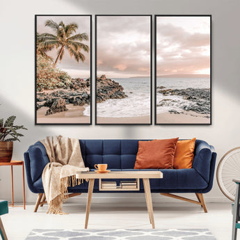 18005328-MGV-FC-48X32-3P_Black-Tropical Beach Wall Art – Coastal Ocean Canvas Print with Palm Tree, Sunset Sky and Rocky Shore, Serene Seascape Photography for