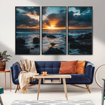 66040852-MGV-FC-48X32-3P_Black-Ocean Sunset Canvas Wall Art – Rocky Shore Waves, Dramatic Clouds, Golden Sun Rays, Coastal Nature, Serene Water Reflection for