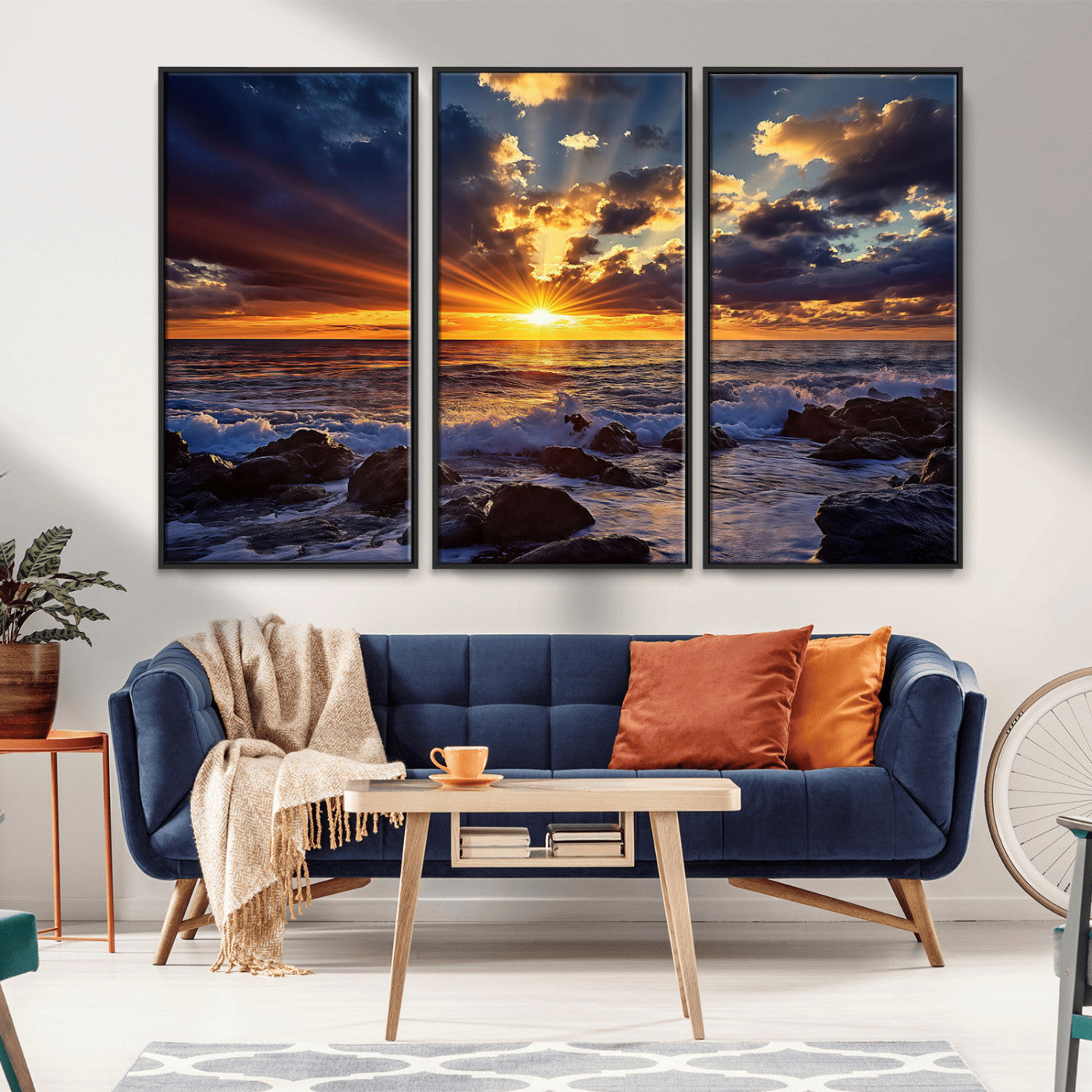 35900590-MGV-FC-48X32-3P_Black-Sunset Ocean Waves Canvas Wall Art – Rocky Shore, Dramatic Sky, Golden Sun Rays, Coastal Beauty, Serene Water Motion for Living