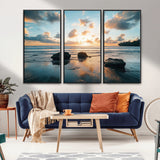 23879436-MGV-FC-48X32-3P_Black-Ocean Sunset Wall Art – Serene Seascape Canvas Print with Golden Sky, Reflections on Sand and Calm Waves, Peaceful Coastal