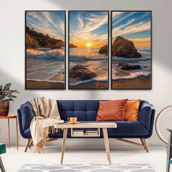 85659923-MGV-FC-48X32-3P_Black-Rocky Ocean Sunset Canvas Wall Art – Seaside Dramatic Seascape Print, Coastal Modern Decor, Ocean Sunset Art for Living Room or
