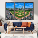 56213978-MGV-FC-48X32-3P_Black-Wrigley Field Baseball Stadium Canvas Wall Art – Packed Crowd Sports Stadium Print, City Skyline Baseball Field Canvas for Game