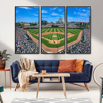 56213978-MGV-CV-36X24-Baseball Stadium Wall Art – Panoramic Ballpark Canvas Print with Fans, Green Field and City Skyline, Classic Sports Photography