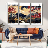 28945903-MGV-FC-48X32-3P_Black-Yayoi Kusama Inspired Japanese Art Canvas Print – Framed Floral & Mt. Fuji Wall Decor, Modern Asian Style Canvas for Home, Office,