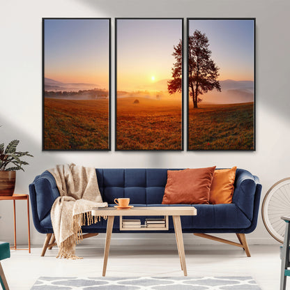57919623-MGV-CV-36X24-Sunrise Landscape Wall Art – Golden Morning Canvas Print with Tree, Misty Hills and Open Field, Peaceful Nature Photography for