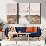 34632598-MGV-FC-48X32-3P_Black-Coastal Pathway Canvas Wall Art – Framed Seaside Landscape, Large Beach and Birds Canvas Print for Home, Office, or Living Room