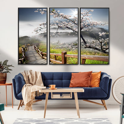 34632598CRY-MGV-FC-48X32-3P_Black-Sakura Cherry Blossom Pathway Canvas Wall Art – Tranquil Walk Through Blossoming Nature – Ready to Hang