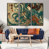 46837670-MGV-FC-48X32-3P_Black-Tsukioka Yoshitoshi Samurai Wall Art Print, Japanese Katana Warrior Canvas Wall Art, Octopus Sea Monster Canvas Print,