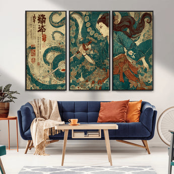 46837670-MGV-FC-48X32-3P_Black-Tsukioka Yoshitoshi Samurai Wall Art Print, Japanese Katana Warrior Canvas Wall Art, Octopus Sea Monster Canvas Print,