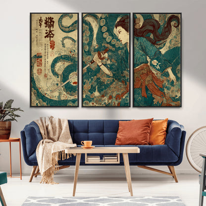 46837670-MGV-FC-48X32-3P_Black-Tsukioka Yoshitoshi Samurai Wall Art Print, Japanese Katana Warrior Canvas Wall Art, Octopus Sea Monster Canvas Print,