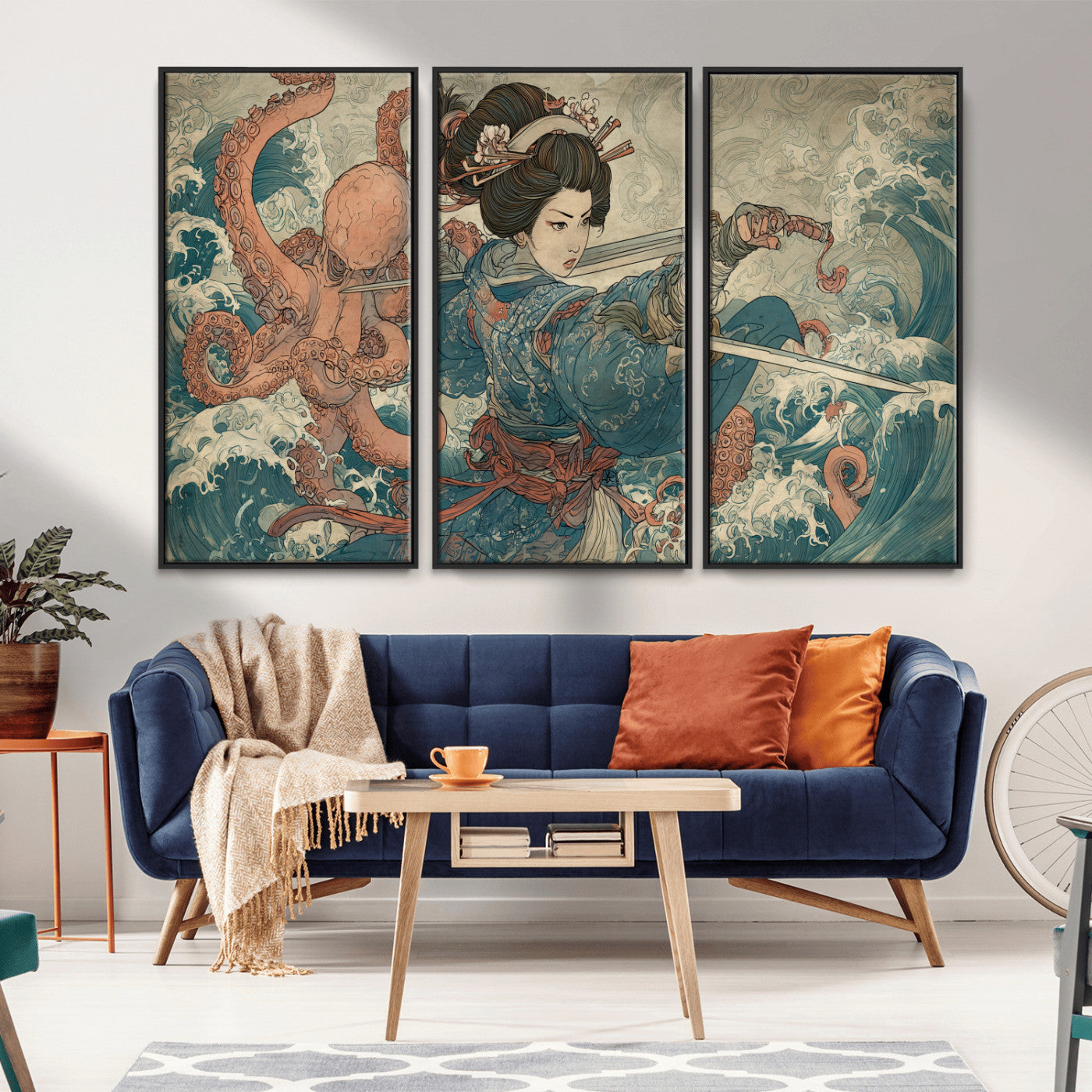 52037775-MGV-CV-36X24-Samurai Woman Wall Art – Japanese Ukiyo e Style Canvas Print with Katana, Ocean Waves and Octopus, Traditional Asian Inspired