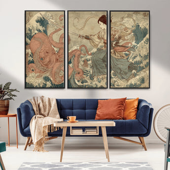 54879547-MGV-FC-48X32-3P_Black-Tsukioka Yoshitoshi Samurai Wall Art Print, Japanese Katana Warrior Canvas Wall Art, Octopus Sea Monster Canvas Print,