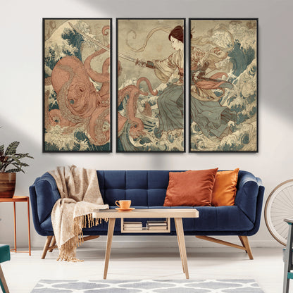 54879547-MGV-FC-48X32-3P_Black-Tsukioka Yoshitoshi Samurai Wall Art Print, Japanese Katana Warrior Canvas Wall Art, Octopus Sea Monster Canvas Print,