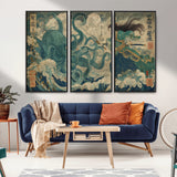 60346622-MGV-FC-48X32-3P_Black-Samurai Warrior vs Octopus Wall Art – Japanese Ukiyo-e Style Ocean Battle Canvas Print, Traditional Samurai Artwork for Living
