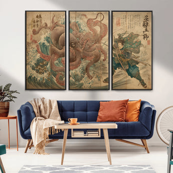 63782167-MGV-FC-48X32-3P_Black-Tsukioka Yoshitoshi Samurai Wall Art Print, Japanese Katana Warrior Canvas Wall Art, Octopus Sea Monster Canvas Print,