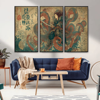 98593115-MGV-CV-36X24-Samurai Warrior vs Octopus Wall Art – Japanese Ukiyo-e Calligraphy Canvas Print, Ocean Battle Scene Artwork for Living Room,