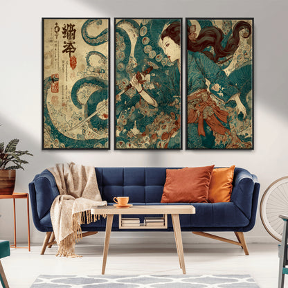 18575670-MGV-FC-48X32-3P_Black-Samurai Woman vs Octopus Wall Art – Japanese Ukiyo-e Ocean Battle Canvas Print, Traditional Warrior Artwork for Living Room,