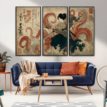 50812504-MGV-FC-48X32-3P_Black-Tsukioka Yoshitoshi Samurai Wall Art Print, Japanese Katana Warrior Canvas Wall Art, Octopus Sea Monster Canvas Print,