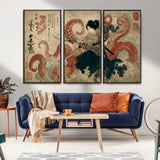 50812504-MGV-CV-36X24-Samurai Woman vs Octopus Wall Art – Japanese Ukiyo-e Red Tentacle Canvas Print, Ocean Battle Artwork for Living Room, Office, Man