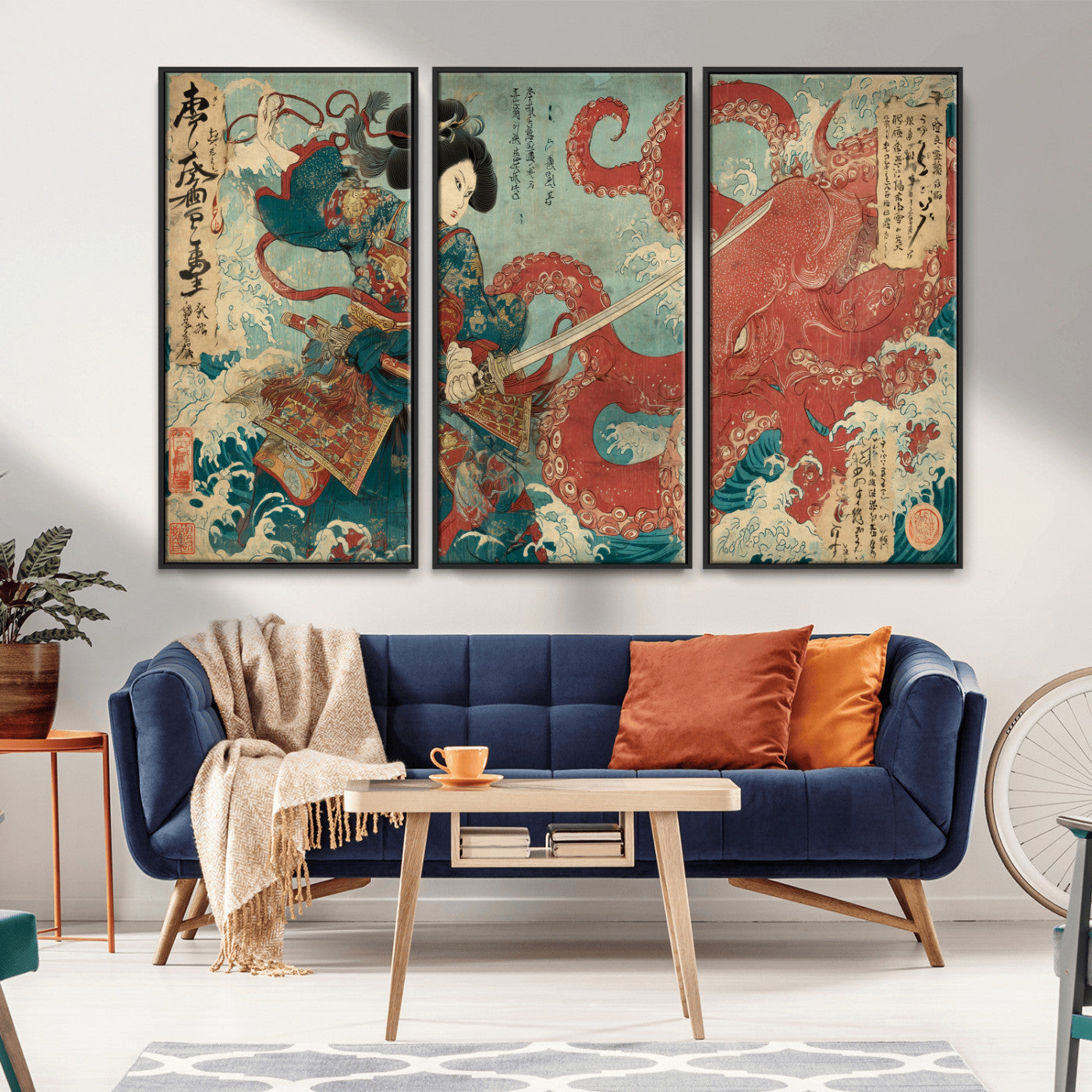 68844327-MGV-FC-48X32-3P_Black-Tsukioka Yoshitoshi Samurai Wall Art Print, Japanese Katana Warrior Canvas Wall Art, Octopus Sea Monster Canvas Print,