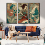 63377977-MGV-FC-48X32-3P_Black-Tsukioka Yoshitoshi Samurai Wall Art Print, Japanese Katana Warrior Canvas Wall Art, Octopus Sea Monster Canvas Print,
