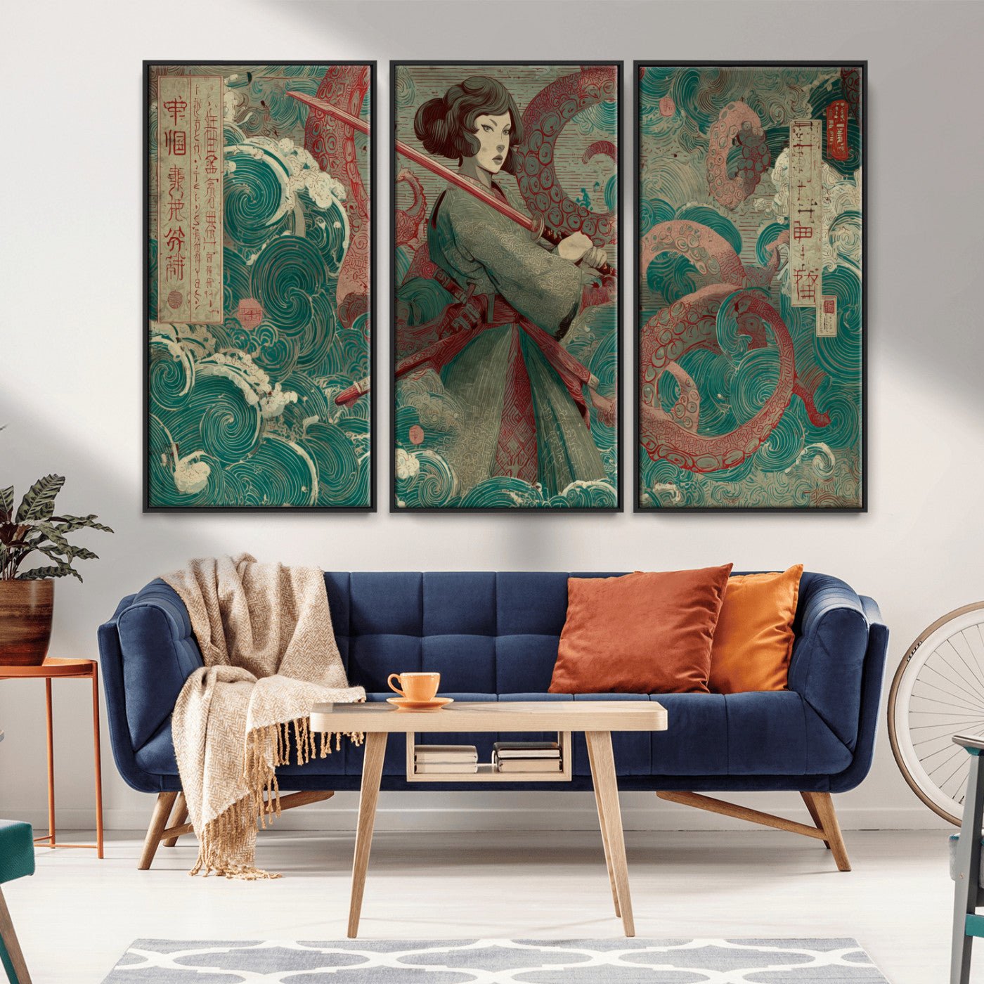 91666601-MGV-CV-36X24-Samurai Woman vs Octopus Wall Art – Japanese Ukiyo-e Green Robe Canvas Print, Ocean Battle Artwork for Living Room, Office, Man
