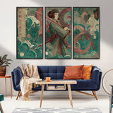 91666601-MGV-CV-36X24-Samurai Woman vs Octopus Wall Art – Japanese Ukiyo-e Green Robe Canvas Print, Ocean Battle Artwork for Living Room, Office, Man