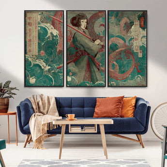 91666601-MGV-CV-36X24-Samurai Woman vs Octopus Wall Art – Japanese Ukiyo-e Green Robe Canvas Print, Ocean Battle Artwork for Living Room, Office, Man