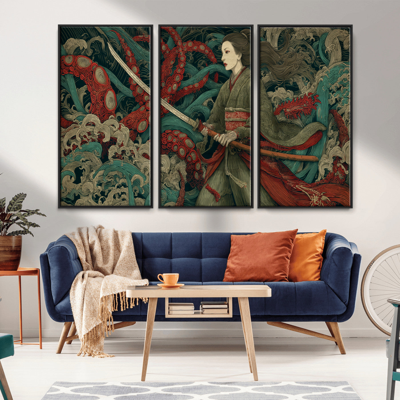 18902796-MGV-CV-36X24-Samurai Woman vs Octopus Wall Art – Japanese Ukiyo-e Green Kimono Canvas Print, Ocean Battle Scene Artwork for Living Room,