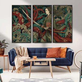 18902796-MGV-CV-36X24-Samurai Woman vs Octopus Wall Art – Japanese Ukiyo-e Green Kimono Canvas Print, Ocean Battle Scene Artwork for Living Room,