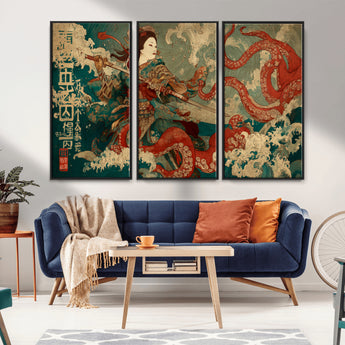 60201267-MGV-CV-36X24-Samurai Woman vs Octopus Wall Art – Japanese Ukiyo-e Armor Canvas Print, Red Tentacle Ocean Battle Artwork for Living Room,