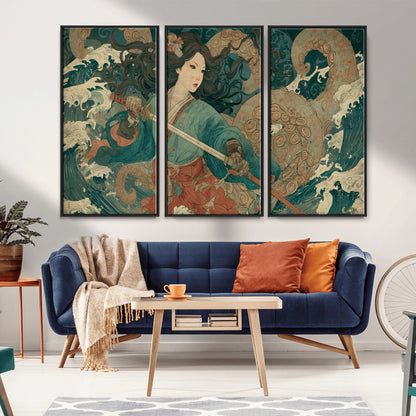 79740258-MGV-FC-48X32-3P_Black-Samurai Woman vs Octopus Wall Art – Japanese Ukiyo-e Blue Kimono Canvas Print, Ocean Battle Artwork for Living Room, Office, Man