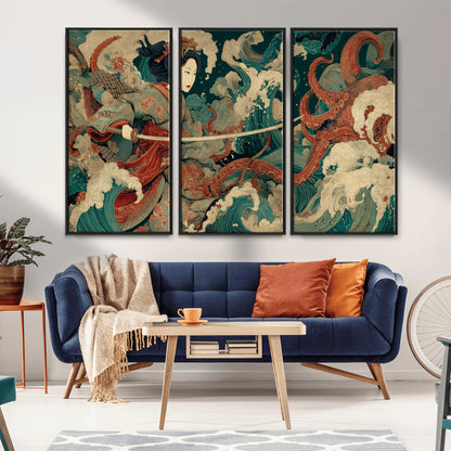 30212982-MGV-CV-36X24-Samurai Woman vs Octopus Wall Art – Japanese Ukiyo-e Style Warrior and Sea Monster Canvas Print, Mythology Inspired Artwork for