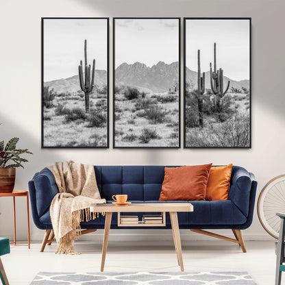97436PHN-MGV-FC-48X32-3P_Black-Desert Landscape Wall Art – Black and White Cactus and Mountain Canvas Print, Southwestern Nature Photography for Living Room,