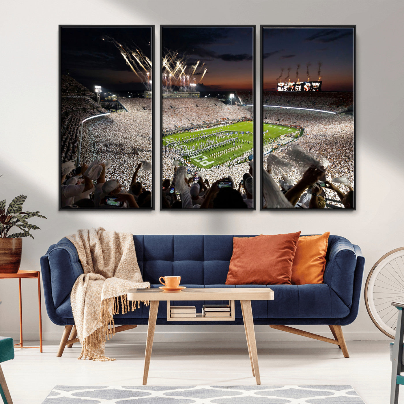 Penn-MGV-CV-36X24-Football Stadium Wall Art – Panoramic Night Game Canvas Print, Packed Crowd with Fireworks, Sports Decor for Office, Man Cave, Bar