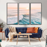 34064591-MGV-FC-48X32-3P_Black-Surfing Wall Art – Sunset Ocean Wave Canvas Print, Surfer Riding Sea Photography Decor for Bedroom, Living Room, Office, Coastal