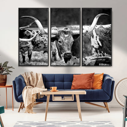 15425553-MGV-CV-36X24-Western Wall Art – Longhorn Cattle Black and White Canvas Print, Rustic Ranch Photography Decor for Bedroom, Living Room, Office,