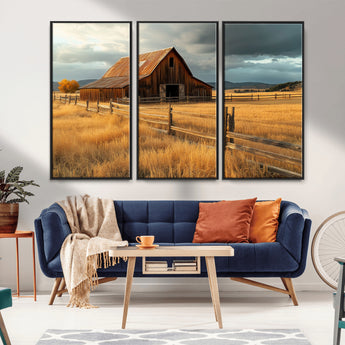 16480179-MGV-CV-36X24-Farmhouse Wall Art – Rustic Barn and Golden Field Canvas Print, Country Landscape Photography Decor for Bedroom, Living Room,