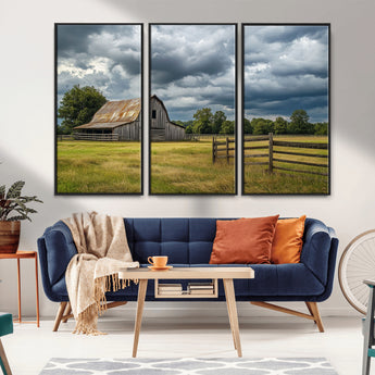 39409517-MGV-CV-36X24-Rustic Barn Wall Art – Weathered Farmhouse and Storm Clouds Canvas Print, Country Landscape Photography Decor for Bedroom, Living