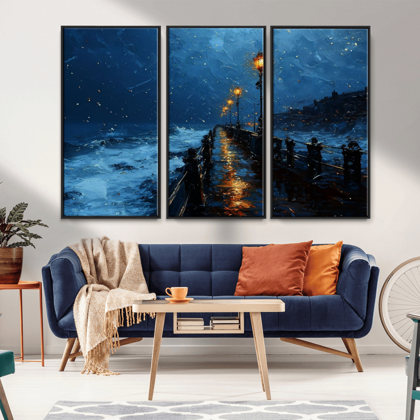 48300530-MGV-CV-36X24-Night Pier Wall Art – Moody Ocean Boardwalk Canvas Print, Impressionist Coastal Seascape Painting Decor for Living Room, Office,