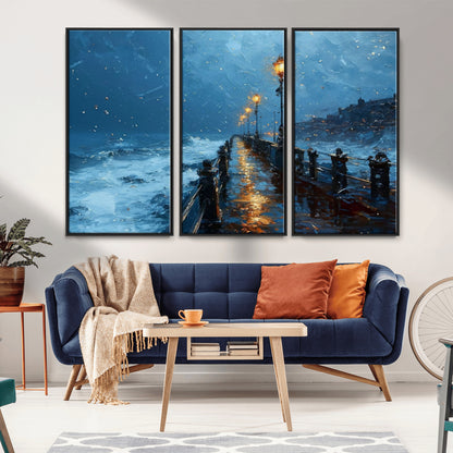 93793246-MGV-CV-36X24-Stormy Night Pier Canvas Wall Art – Moody Ocean Landscape with Lights, Blue Coastal Seascape Print for Bedroom, Living Room,