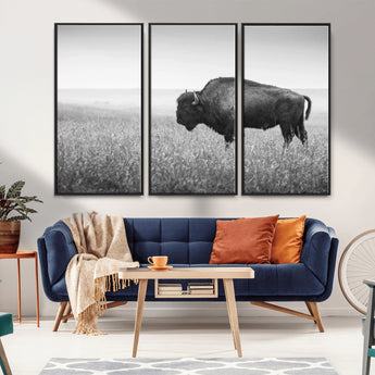90861202-MGV-CV-36X24-Black and White Bison Canvas Wall Art – Rustic American Buffalo Print, Western Wildlife Photography for Farmhouse, Cabin, Office