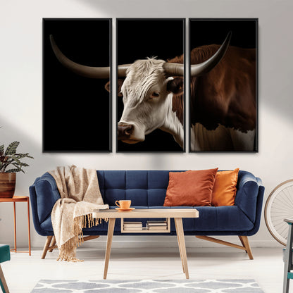 27414857-MGV-CV-36X24-Longhorn Bull Wall Art – Dramatic Western Steer Portrait Canvas Print, Rustic Farmhouse Animal Decor for Living Room, Office, or