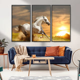 67478480-MGV-CV-36X24-White Horse Running at Sunset Wall Art – Majestic Equestrian Photography Print, Rustic Farmhouse Decor, Golden Sky Horse Lover