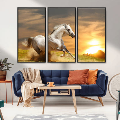 67478480-MGV-CV-36X24-White Horse Running at Sunset Wall Art – Majestic Equestrian Photography Print, Rustic Farmhouse Decor, Golden Sky Horse Lover