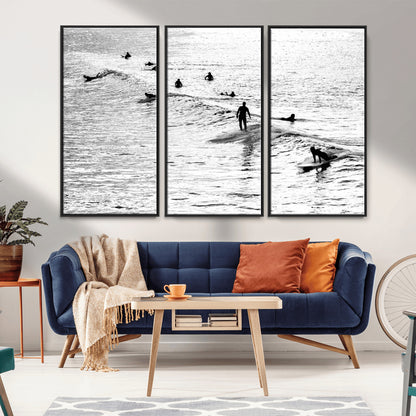 68018616-MGV-CV-36X24-Black and White Surf Photography Print – Minimalist Ocean Wall Art, Surfers Riding Waves, Coastal Beach Decor for Modern Home or