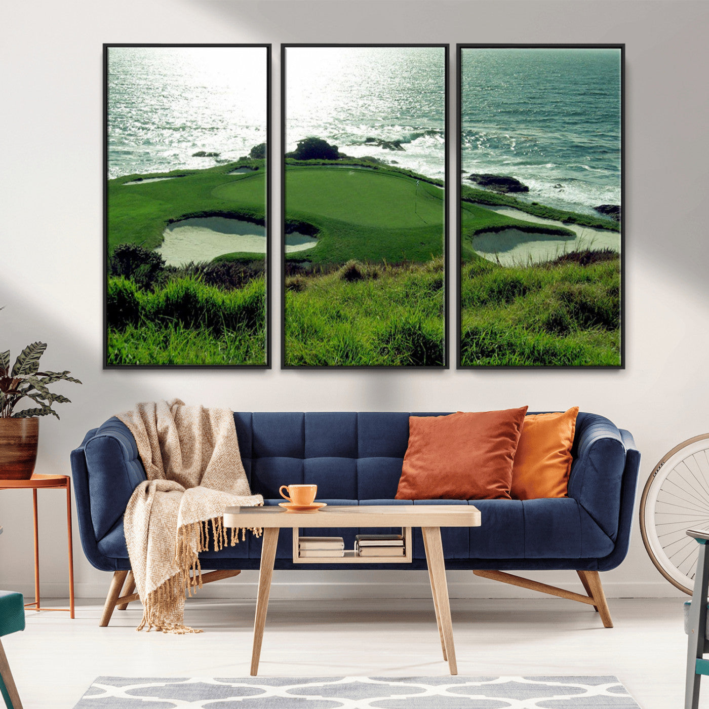 48473947-MGV-FC-48X32-3P_Black-Ocean Golf Course Wall Art – Panoramic Green Fairway Canvas Print, Coastal Golf Landscape Photography Sports Decor for Office, Man