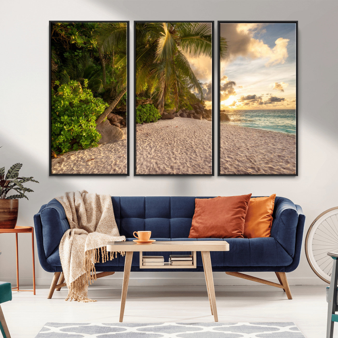 89531159-MGV-FC-48X32-3P_Black-Tropical Beach Sunset Canvas Wall Art – Palm Trees Golden Sand Ocean Waves Coastal Paradise Print for Beach House Bedroom Bathroom