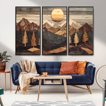 90044381-MGV-CV-36X24-Rustic Wall Art – Wooden Mountain Landscape with Sun and Pine Trees, Handcrafted Nature Canvas Style Decor for Bedroom, Living