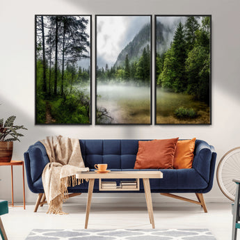 93123937-MGV-CV-36X24-Landscape Wall Art – Misty Mountain Lake Canvas Print, Tranquil Forest and Waterfall Photography Decor for Bedroom, Living Room,